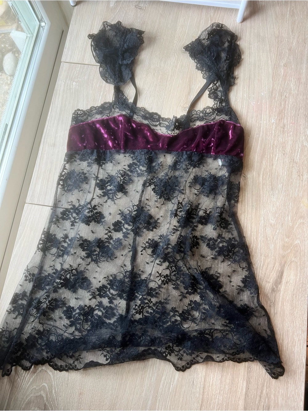 Sheer Black Lace Chemise with Plum Velvet Bodice